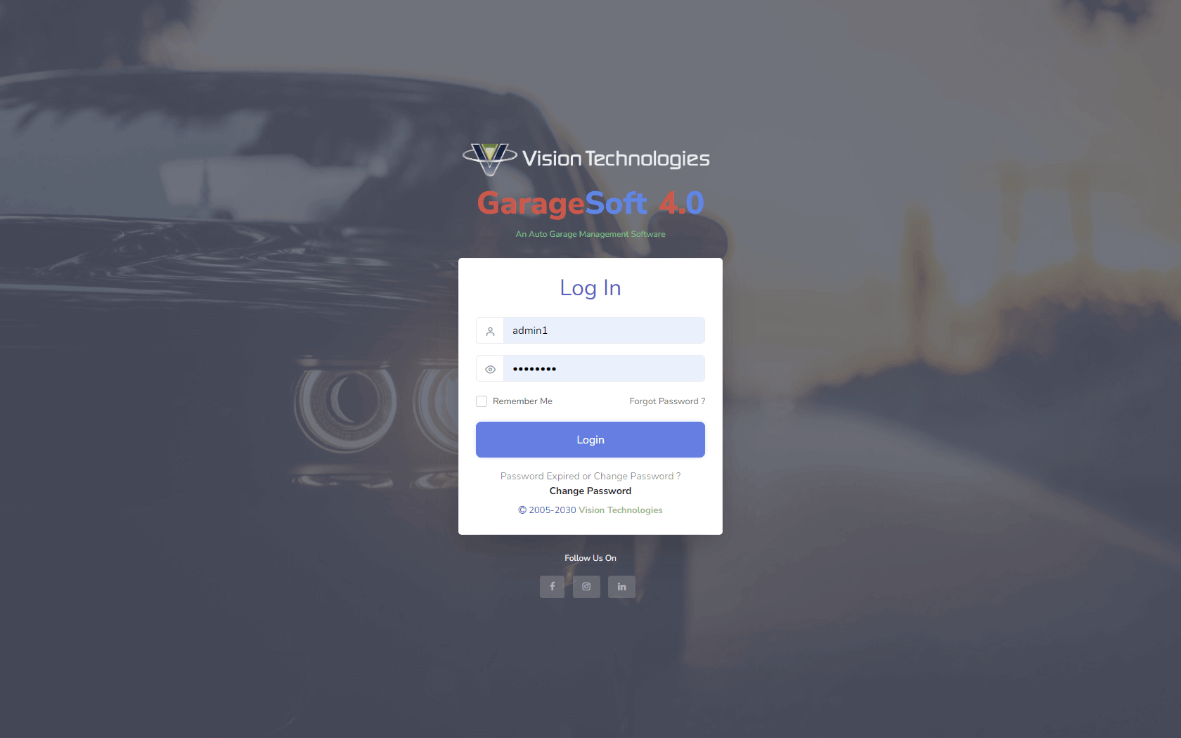 GarageSoft 4.0 Log-in Screen